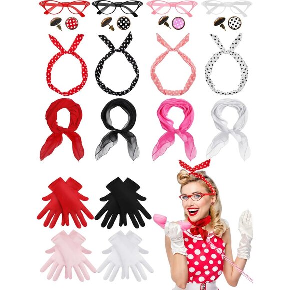 20 Pcs 50s Women Costume Accessories Set Includes Cat Eye Glasses Chiffon Scarf